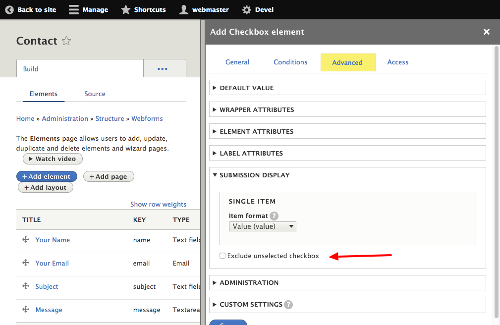 Exclude unselected checkbox via the 'Checkbox' element display